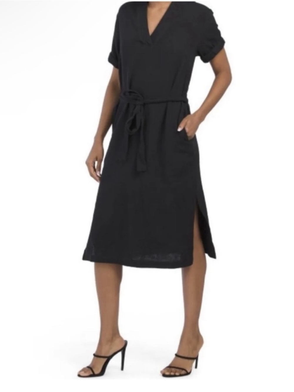 Magaschoni Black Gauze Tie-Waist Midi Dress with Side Slit M